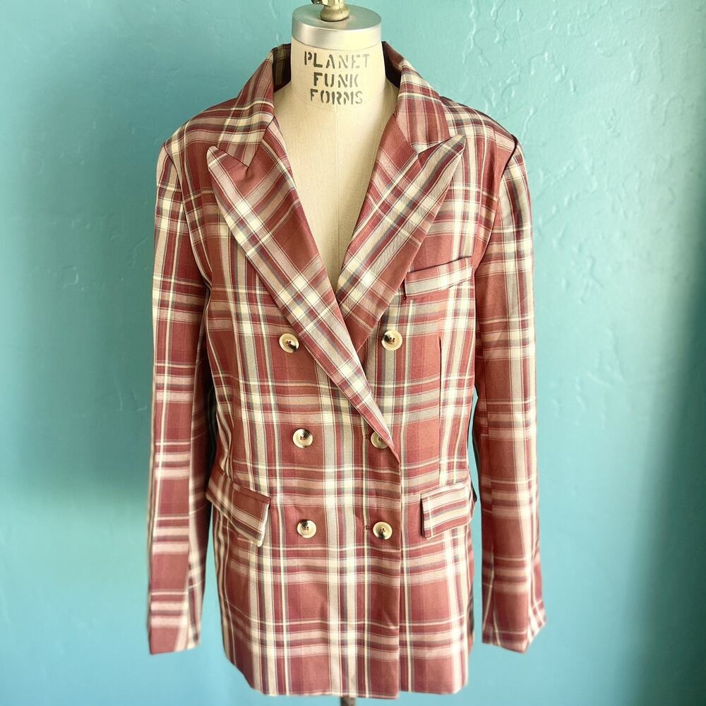 FORE Vintage-Style Double Breasted Blazer Red Plaid Classic Lapels Large